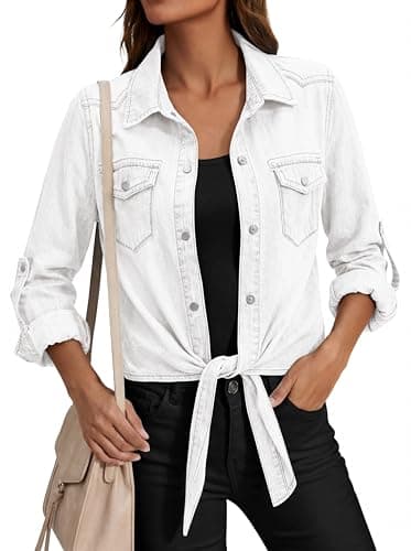 PRETTYGARDEN Womens Tie Knot Front Snap Button Jean Shirts Chambray Snap Button Cardigan Summer Tops for Women Trendy Jacket (White, XX-Large) - Thumbnail 2