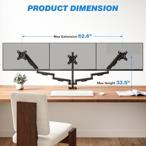 Triple Monitor Desk Mount Stand for 17"-32" Screens, Extra Tall & Long Desk Mount Hold up to 19.8lbs Each, Three Display Arm for Working Gaming with Tilt Swivel Rotation, VESA 75/100mm - Thumbnail 6