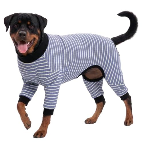 LovinPet Giant Dogs PJS Apparel, Blue and Yellow Stripe Dog Shirt, 4-Legged Design, Full Body Coverage, Large Breed Dog PJS, Pajamas for Pitbulls, Onesies for Dogs,M - Image 1