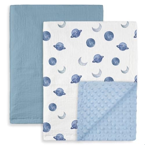 GLLQUEN BABY Blankets for Unisex Boys Girls, 2-Pack Muslin Cotton Front Soft and Breathable, and Dotted Fleece Backing, Printed Bed Nursery Minky Blankets for Toddler Newborn, Space, 30 x 40 inches - Image 1