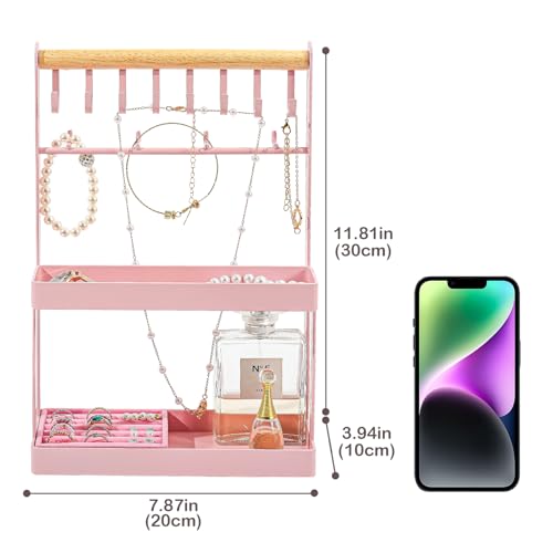 Lolalet 4-Tier Jewelry Organizer Stand with 12 Hooks, Necklace Bracelet Ring & Sunglasses Holder, Cute Metal Jewelry Storage Rack for Vanity, Dresser or Entryway, No Assembly -Pink - Thumbnail 5