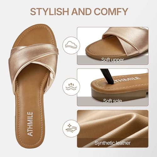 ATHMILE Sandals Women Dressy Summer Flat Comfortable Fashion Beach Cute Ladies Slides Leather Casual Dress Women's Sandals 2025 Gold Size 7 - Thumbnail 5