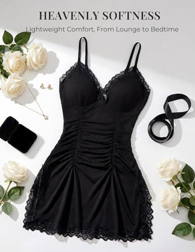 Girece Nightgowns for Women Sexy Ruched Chemise Lingerie Sleeveless Side Slits Lace Trim Sleep Dress for Date Night or Sleeping(Black,S) - Thumbnail 3