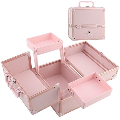 CHUANGJIN Makeup Train Case 2 Trays Makeup Box Organizer Portable Travel Makeup Case Lockable Makeup Storage Organizer Cosmetic Box for Jewelry Nail Tech Brushes Accessories Tool, Pink