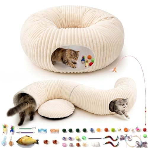 MOYMO Cat Tunnel Bed with 40 Pcs Interactive Cat Toys, Cat Tube with Kitten Toys for Indoor Kittens, Collapsible Play Tunnel, White