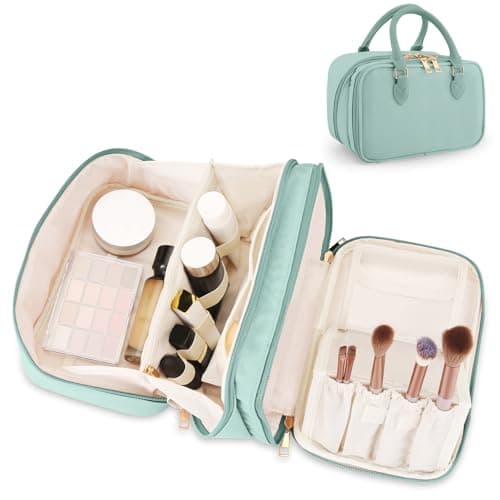 Travel Makeup Bag for Women Fashion Large Capacity Pouch Open Flat Cosmetic Portable Organizer Waterproof Large Opening Storage Toiletry Bags Vertical Free-Standing Brush Holder for Easy Access Blue - Image 1