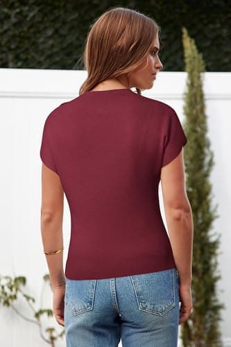 Arach&Cloz Womens Ruched Summer Tops Mock Neck Cap Sleeve Blouses T Shirts Short Sleeve Slim Fit Ladies Vacation Outfits Going Out Vest Casual Blouse Valentines Trendy Dark Red M - Thumbnail 4