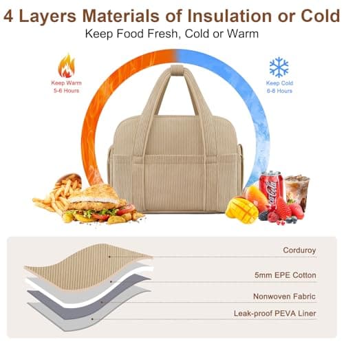 KUBYA Corduroy Lunch Box Lunch Bag for Women Men, Cute Strawberry Small Insulated Reusable Work Leakproof Simple Lunch Boxes Tote Bag Adults Cooler Bag - Thumbnail 3
