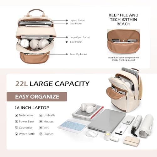 GOLF QUALITY Laptop Backpack for Women Travel Carry On Bag Weekender Business Multilayer Personal Item Backpack,16 Inch,WApricot - Thumbnail 3