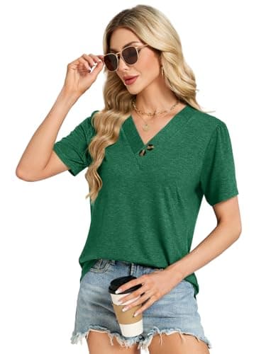 VUTRU Womens Summer Tops and Blouse Puff Short Sleeve Henley Tshirts Tunic Loose Flowy Dressy Business Casual Plus Size, Green L - Thumbnail 4