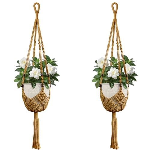 USLAI Macrame Plant Hanger Indoor Outdoor, Fits 3 to 6.5 inch Pots, Hanging Planter Holder with Beads and Tassels, Boho Home Decor, 35+35 Inch, Brown (POTS NOT Included)