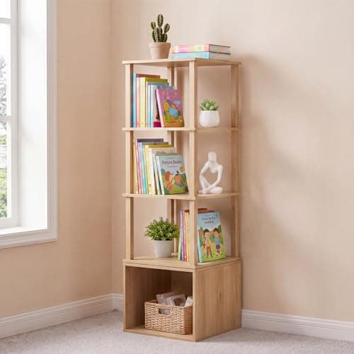 YUFAM Rotating Book Shelf Tower 4 Tier Spinning Wood Bookshelf 360 Revolving Bookcase with Storage for Bedroom Living Room Office Study Natural - Image 1