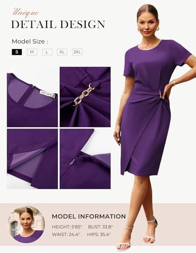 GRACE KARIN Women's 2026 Summer Short Sleeve Work Dress Elegant Business Pencil Dress Crew Neck Formal Outfits Purple XL - Thumbnail 5