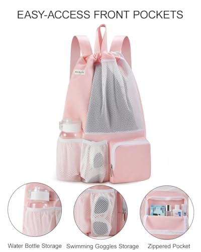 BAVELOE Swim Bag with Wet Pocket, Mesh Drawstring Backpack for Beach, Swimming, Snorkeling, Pool, Gym for Women Men(Pink) - Thumbnail 3