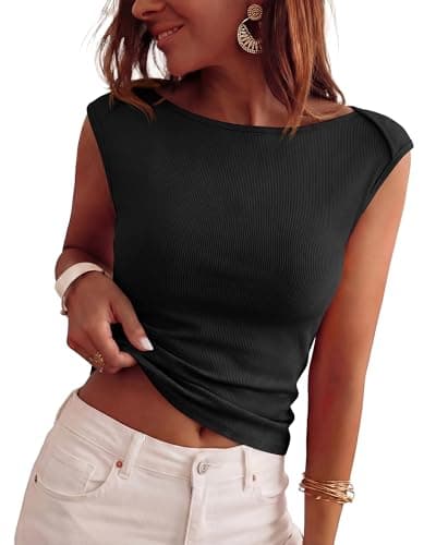 BTFBM Women's Ribbed Tank Tops 2026 Summer Cap Sleeve Boat Neck Slim Fitted Knit Basic Casual Tee Shirts Fashion Clothes(Black, Small) - Image 1