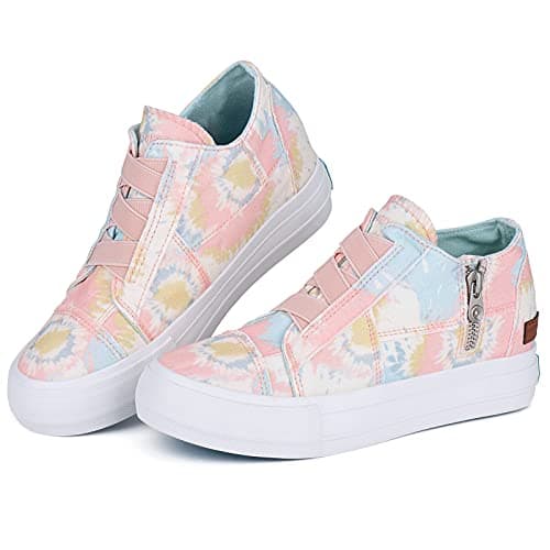 JENN ARDOR Wedge Sneakers for Women Fashion Canvas Shoes Casual Platform Hidden Heel Womens Slip On Sneaker Non Slip Side Zipper Pink-Blue - Thumbnail 6