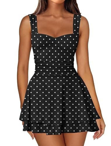 IWD Sweetheart Neck Sleeveless Polka Dot Dress for Women Ruched Corset Waist Casual Vacation Short Mini Sundresses Black X-Large - Image 1