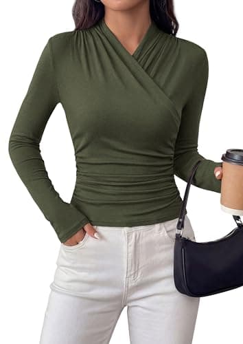 PRETTYGARDEN Womens Long Sleeve Shirts 2026 Fall V Neck Cross Wrap Going Out Top Ribbed Ruched Fitted Business Casual Clothes (Army Green,X-Large) - Image 1