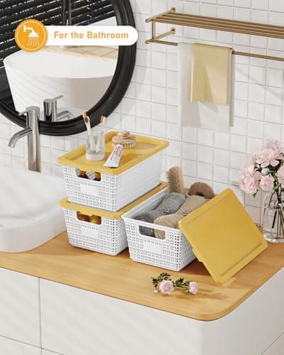 EOENVIVS Storage Bins Bakets with Lids 6 Pack, Stackable Organizer Bins for Small Spaces, Pantry, Closet & Bathroom, Secure Snap Lids, 11x7x5 Plastic Storage Containers for Shelf Organization, White - Thumbnail 5