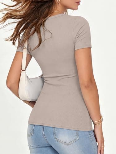 ANRABESS Women Short Sleeve Crewneck Ribbed Knit Slim Fitted Shirts Summer Tops Basic Tee Casual 2026 Spring Outfits Clothes Light Khaki X-Large - Thumbnail 4