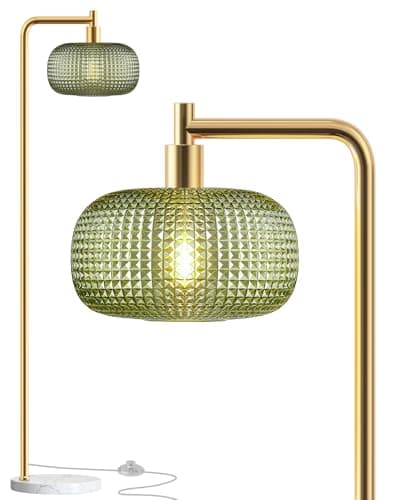 QiMH Gold Floor Lamp for Living Room, Mid Century Modern Standing Lamp Brass Tall Lamp with Green Glass Lamp Shade Marble Base, Large Vintage Retro Floor Lamps for Bedroom Home Decor - Image 1