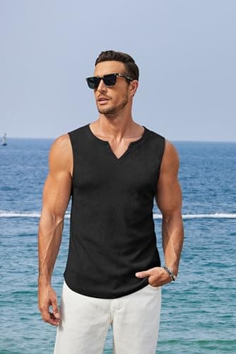 COOFANDY Mens Knit Tank Tops Casual Lighweight Sleeveless T Shirts Classic Fit Muscle Tank Slimming Tank Top Classic Black/Army Green - Thumbnail 6