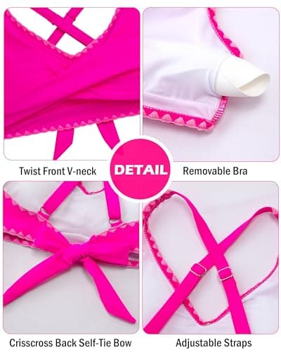 HOZIY Teen Bathing Suits Girls Bikini Sets Junior Contrast Trim Crisscross Tie Back Swimsuits Size 14-16 Kids Beach Swim Suit Swimwear Hot Pink - Thumbnail 4