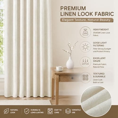 HUEVESSEL Pinch Pleat Semi Sheer Linen-Blend Curtains, Set of 2 Panels, 40" W x 84" L Each, Back Tab or Ring Hooks, Light Filtering for Living Room/Bedroom - Thumbnail 3