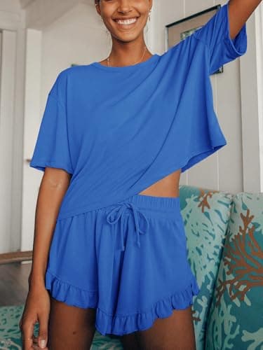 Tankaneo Womens Pajamas Set Lounge Sets Cropped Short Sleeve T Shirts Drawstring Ruffle Shorts Soft Sleepwear, Blue, X-Large - Thumbnail 3