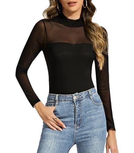 Mesh Long Sleeve Tops for Women See Through Sheer Sexy Going Out Tops Trendy Mock Turtle Neck Shirts Party Club Night Blouses - Image 1
