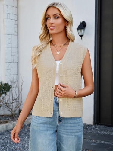 Bellcoco Womens Sleeveless V Neck Sweater Vest Crochet Knit Summer Tops Button Down Spring Cardigan Casual Outfits 2026 Apricot XXL - Thumbnail 4