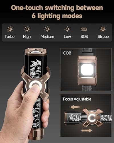 SKYFIRE 4000 Lumens Rechargeable Flashlight, Tactical LED Flashlight with Ignition Lens, USB-C Fast Charging, Zoomable 6 Modes & COB Side Light, IPX6 Waterproof for Camping Emergency Power Outage - Thumbnail 4