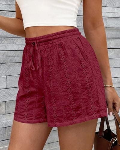KIRUNDO Lace Shorts for Women Summer Cute Boho Eyelet Elastic Waist Drawstring Casual Lounge Shorts Beach Vacation Outfits(Burgundy, Large) - Thumbnail 4