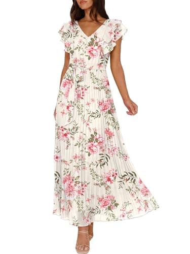 ANRABESS Women V Neck Ruffle Sleeve Floral Pleated Maxi Dresses Summer Boho Belt Empire Waist Wedding Guest Party Flowy Dress Floral Pink Rose X-Large - Image 1