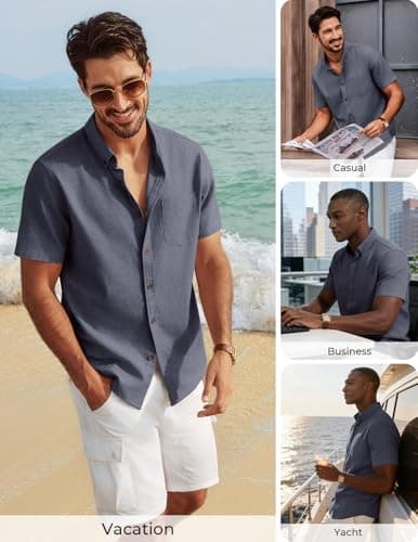 PJ PAUL JONES Mens Dress Shirts Short Sleeve Button Down Men Cotton Linen Summer Beach Collar Shirt with Pocket for Formal Work Navy Blue - Thumbnail 4