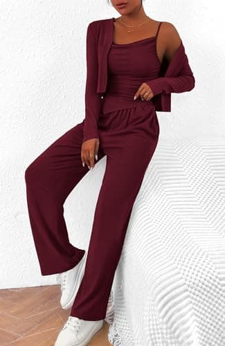 BTFBM Women's Fall Lounge Sets 3 Piece Outfit Tracksuits Casual Long Sleeve Tops High Waisted Sweatpants Set(Wine Red,X-Large) - Thumbnail 6