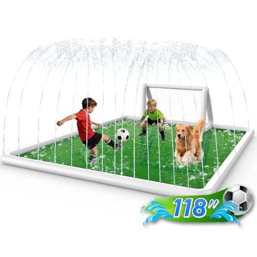 EPN Splash Pad for Kids & Dogs, 118 x138 Extra Large Thicker & Non-Slip Sprinkler Pad, Outdoor Water Toy with Soccer Goal & Ball, Backyard Play Mat Splash Pool for Lawn Garden Summer Fun Age 4-12 - Image 1