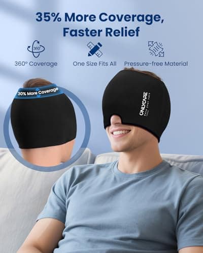 ONLYCARE Migraine Relief Cap, Soothing Migraine Mask, Upgraded Odorless Gel Ice Head Wrap, Hot and Cold Therapy, Headache Ice Pack for Tension, Stress, Hangover (Black) - Thumbnail 4