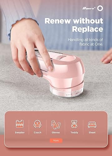 Fabric Shaver, Lint Remover, Bymore Lint Shaver Defuzzer Sweater Shaver for Clothes and Furniture AC Adapter or Battery Operated Pill Fuzz Remover (Pink) - Thumbnail 2