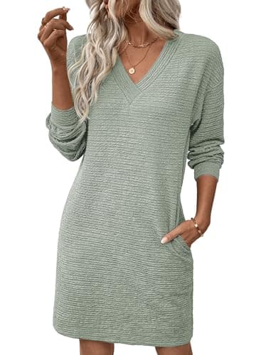 EVALESS Spring Dresses for Women 2026 Fashion V Neck Long Sleeve Summer Mini Dress Solid Casual Beach Vacation Clothes Tshirt Dresses with Pockets Women's Clothing Clearly Aqua X-Large - Image 1
