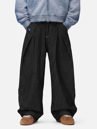 Aelfric Eden Pinstripe Baggy Barrel Jeans Pleated Wide Leg Denim Pants Men Women Loose Fit Streetwear Vintage Trousers Black XS - Thumbnail 4