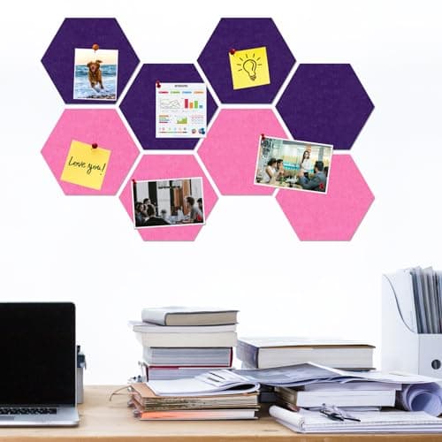 HULAVO Large Hexagon Felt Cork Board Tiles, Self Adhesive DIY Felt Bulletin Board Pin Board with 35 Pushpins for Office School Home Wall Decor Stickers Memos Photos Display(Purple+Pink) - Thumbnail 2