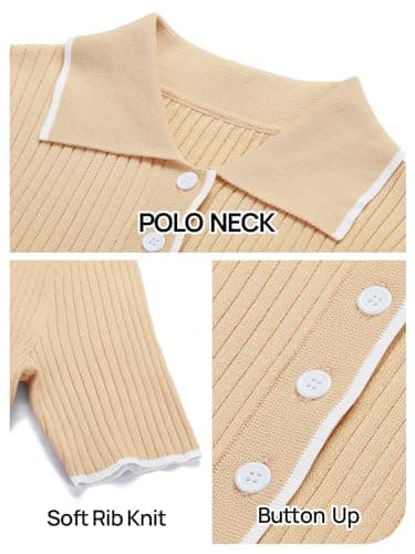 MEROKEETY Women's 2026 Summer V Neck Ribbed Midi Dress Short Sleeve Button Elegant Bodycon Knit Sweater Dresses, Apricot, X-Large - Thumbnail 6