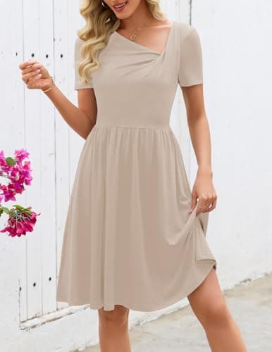 MEROKEETY Women's Summer Asymmetrical V Neck Sundress 2026 Short Sleeve Casual Ruched A Line Beach Vacation Mini Dresses, Khaki, Large - Thumbnail 2
