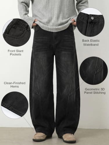 Areant Mens Baggy Hip Hop Jeans Wide Leg Loose Fit Vintage Jeans Relaxed Fit Skater Denim Pants with Elastic Waist Black Small - Thumbnail 4