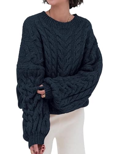 PRETTYGARDEN Womens Sweaters Spring 2026 Cable Knit Long Sleeve Crewneck Oversized Sweater Chunky Pullover Loose Outfits (Navy, Small) - Image 1