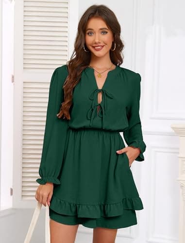 Angashion Women's 2026 Fall Casual Long Sleeve Mini Dress Self Tie V Neck Layer Ruffle Hem Dresses with Pockets Dark Dreen Large - Thumbnail 2