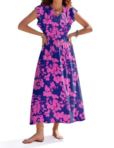 Women's Boho Dress, Casual Floral Summer Maxi Dresses, Cap Sleeve Long Flowy Beach Vacation Sundress(Blue/Pink,L) - Image 1