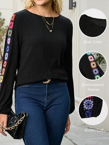 Halobelle Womens Tops Dressy Embroidered Tops for Women Trendy Long Sleeve Shirt Mexican Blouse Fall Peasant Top(Black Medium) - Thumbnail 5