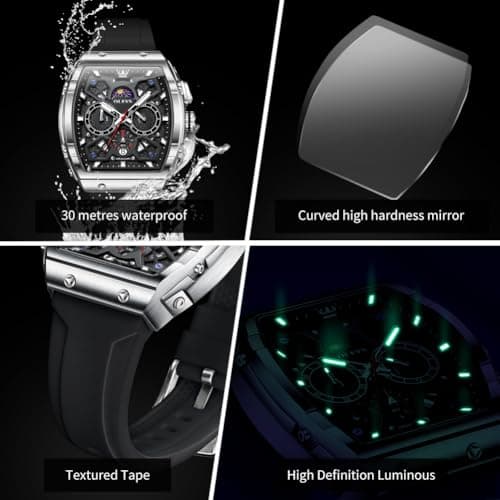 OLEVS Black Watches for Men 3ATM Waterproof Chronograph Men Watch Analog Quartz 44mm Square Watch for Men with Date Silver Bezel Silicone Strap Professional Look for Office Daily Wear - Thumbnail 5